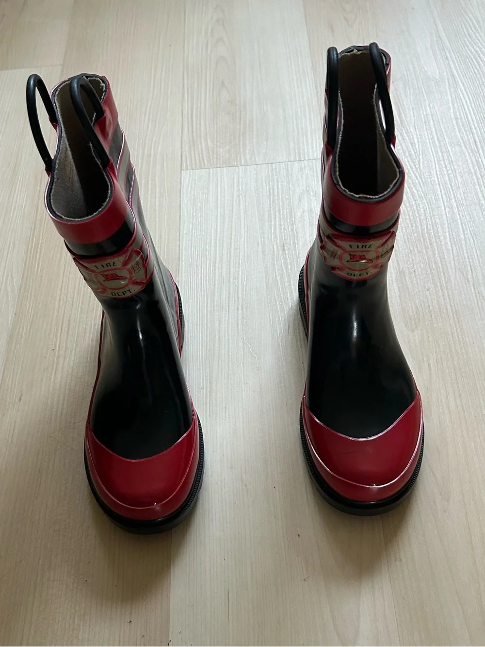 Kids Waterproof Black and Red Firehouse Rain Boots with Handles
